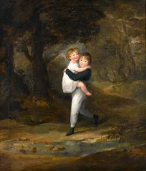Kinder im Wald überqueren den Bach, ca. 1806